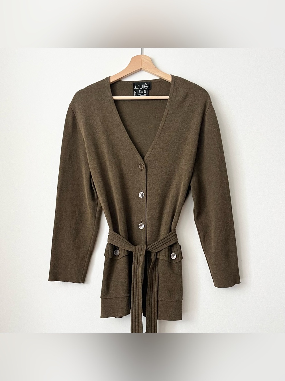 Vintage Laurel Women's Belted  Cardigan Sweater Military Green Brown Size 38 (L)
